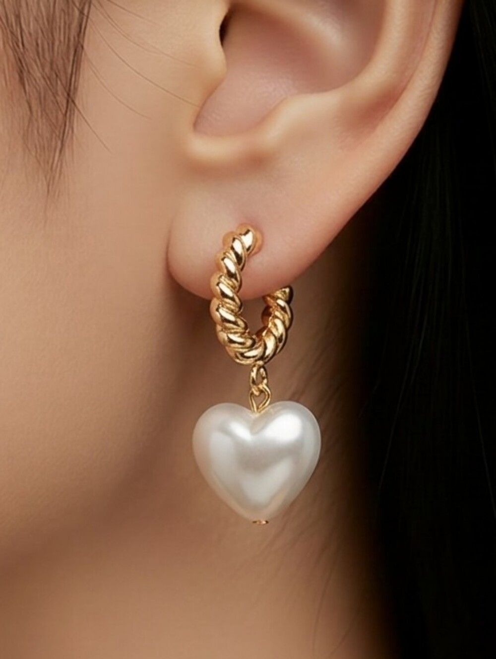 Gold Heart Pearl Drop Twist Hoop Earrings Coquette Romantic Feminine Jewelry